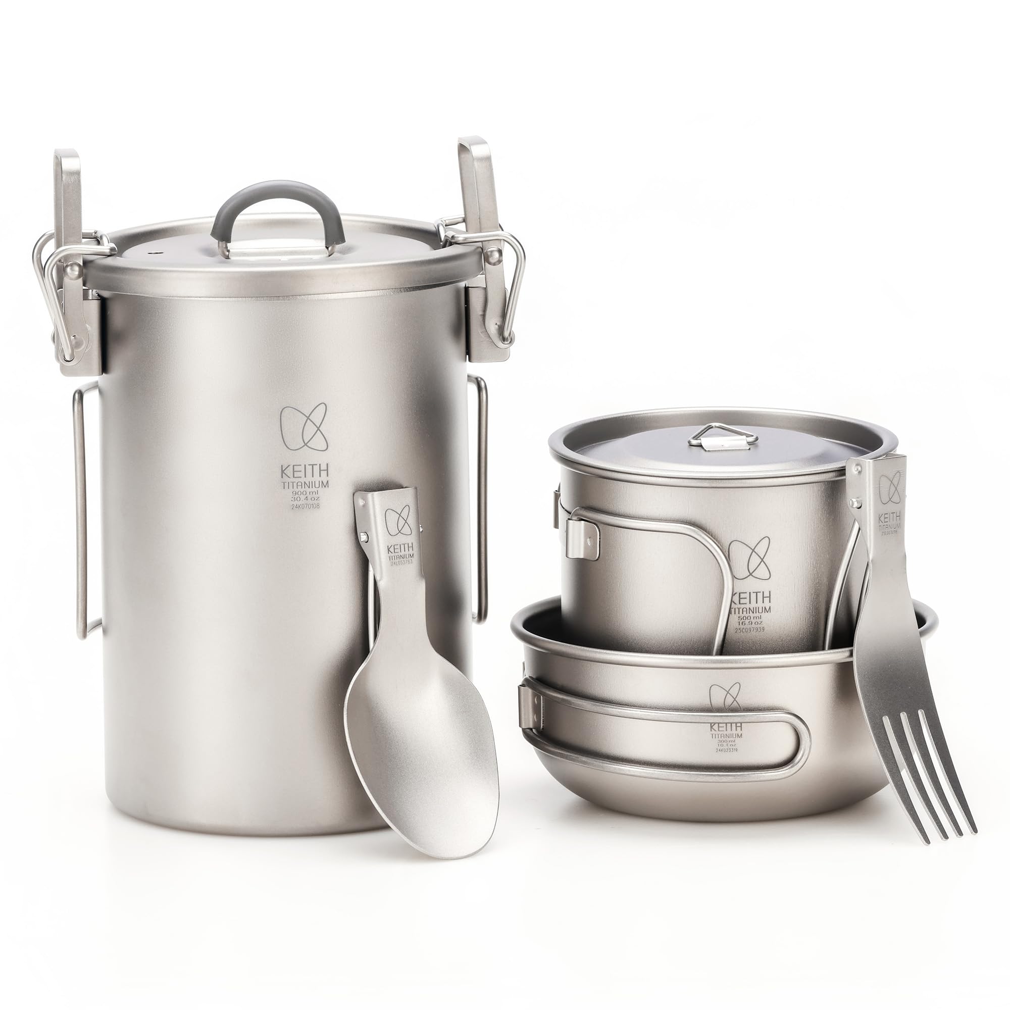 

KEITH Titanium Cookware a Camping Set with and and Includes a Storage Bag Set, 5-Piece Pot, Bowl, Cup, Spoon, Fork, Ultra-Lightweight, Durable, срібний