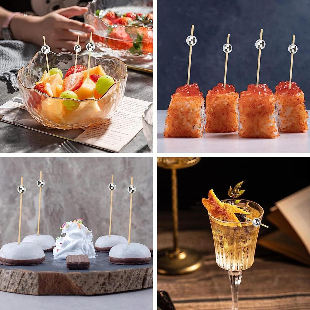 100pcs cocktail picks Cocktail Skewer Disco Fruit Toothpicks Long Delicate Bamboo Toothpicks Fruit Sticks Disco Ball Stir Sticks