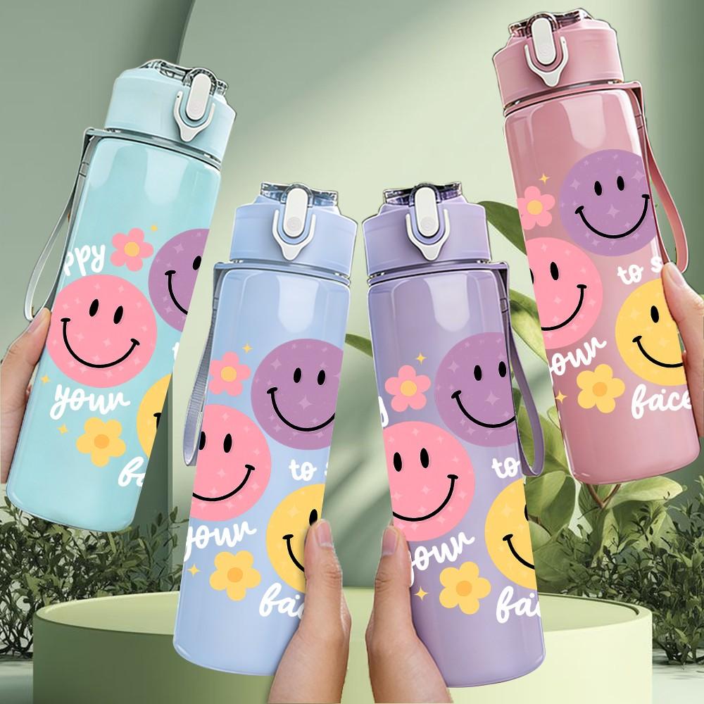 1PC Colorful Smiley Face Trio 750ml Color Plastic Sports Water Bottle Leakproof Flip Straw Lid Suitable for Sports Office Home Use