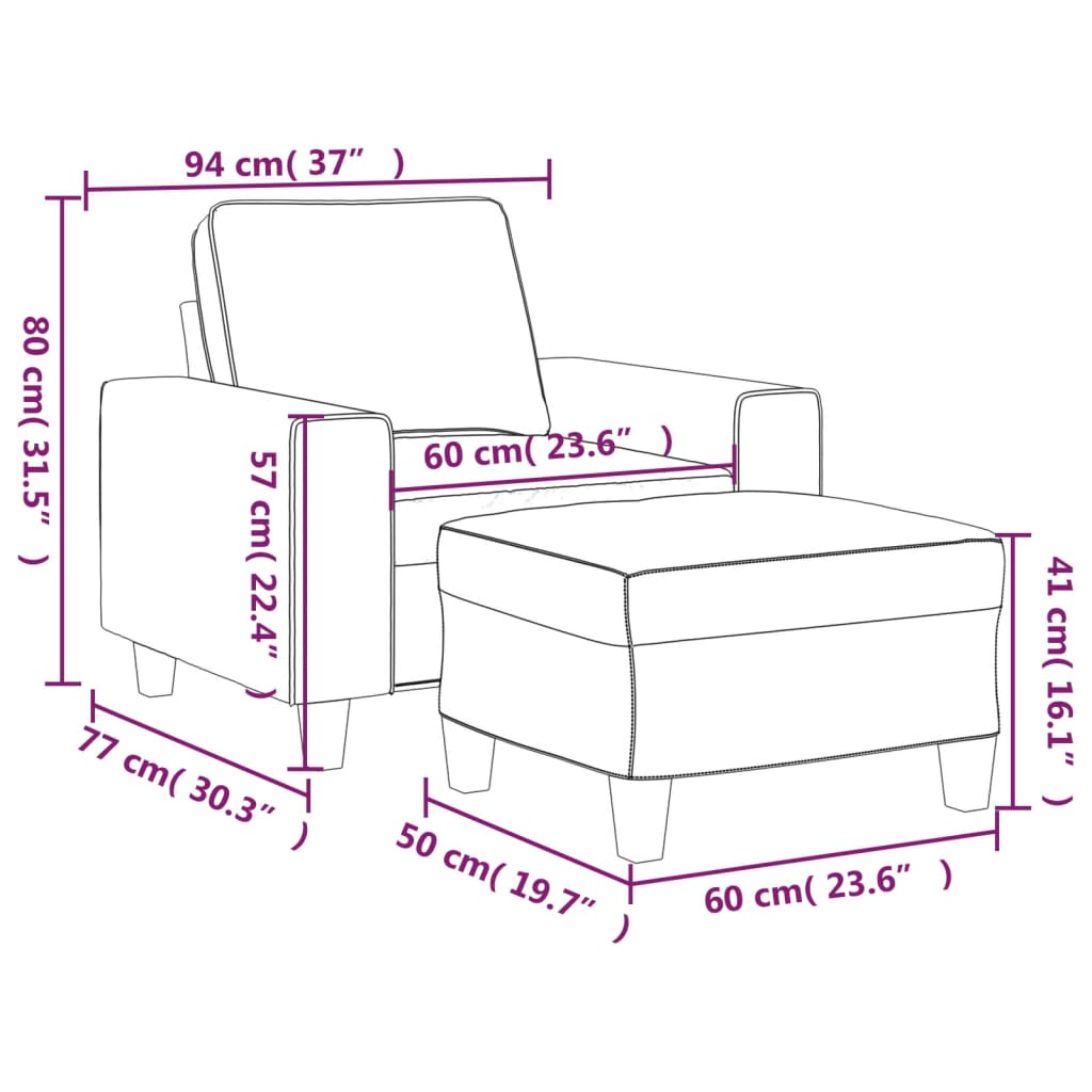 Armchair with Footstool Cream 60 Cm Fabric