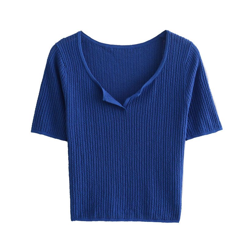 Fashion Style 2024 Spring New Arrival Women's Clothing Slim-Fitting, Fashion and All-Matching Pure Color Open Collar Short Sleeve Knitwear 466362