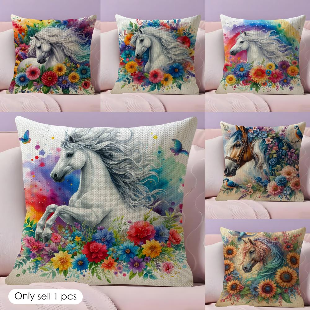 Watercolor Horse Floral Cushion Cover Natural Linen Organic Fabric DoubleSided Printing Couch Pillow Covers Home Decor