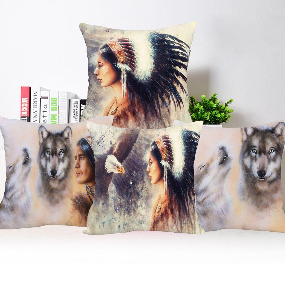 Eagle Wolf Animals Woman Portrait Painting Home Cushion Cover Xcm Decorative Pillows For Sofa