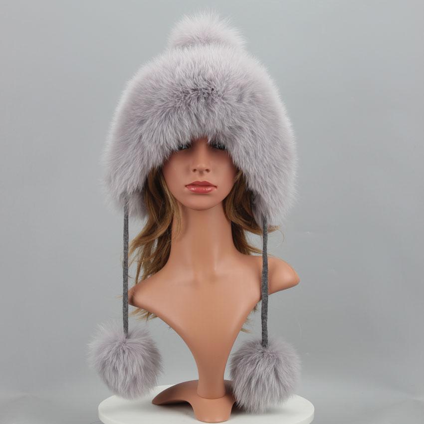 Real Fur Hat For Winter Women'S Hat Natural Fox Fur Russian Ushanka Cap Thick Warm Ears Fashion Bomber Cap Girls Fur Hat Elastic