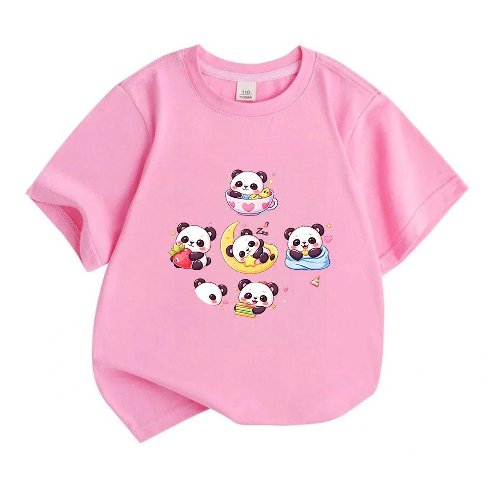 Cute Cartoon Panda Print Kids T-Shirt 100% Cotton Short Sleeve Crew Neck Casual Tee for Boys Girls Adorable Sweet Animal Pattern Soft Breathable Summe