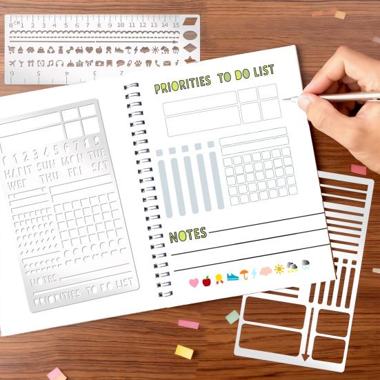 4Pcs Metal Planner Stencil Set Rustproof Engraving Stencils for Journaling Scrapbooks Rulers Numbers Letters Decorative Shapes Templates for Beginners