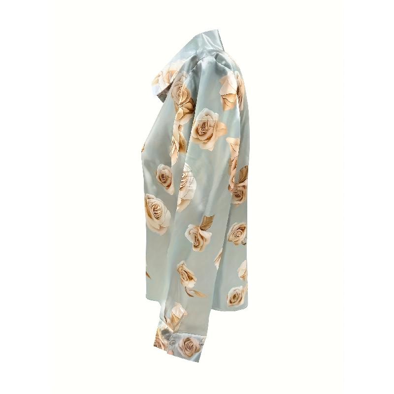 New European And American Women'S Fashion Floral Print Slim-Fit Long-Sleeve Shirt