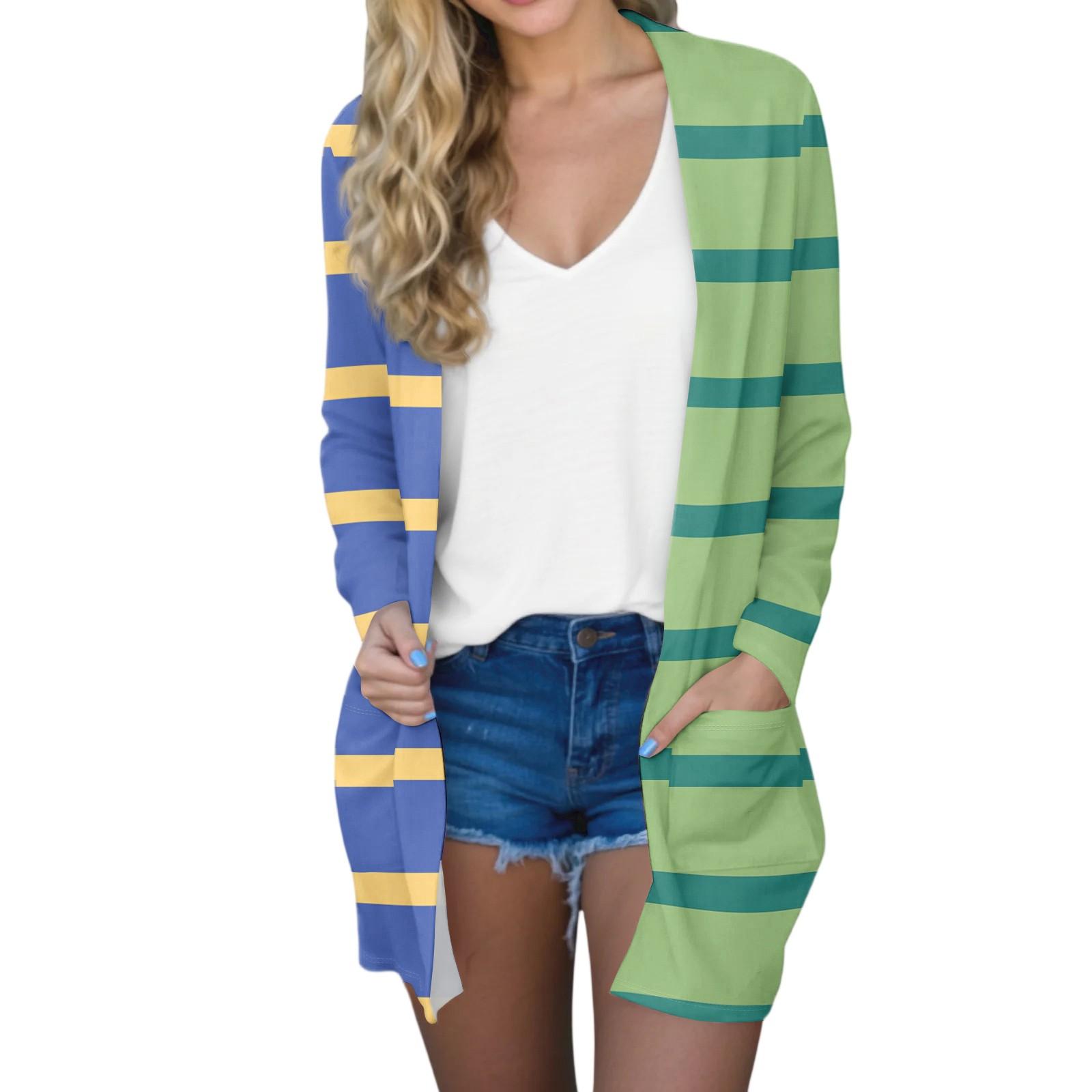 

Женский модный повседневный удобный кардиган средней длины с полосатым принтом XL зелёный