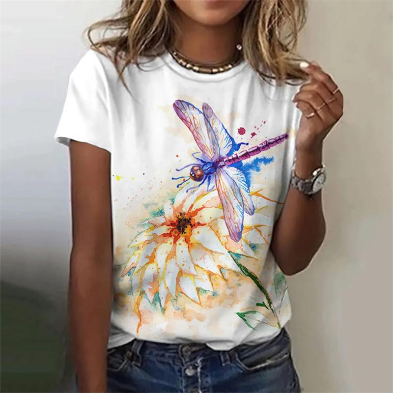 3D New Flower Dragonfly Printed Women's T-shirt Women's Summer Street Beautiful T-shirt Short Sleeve