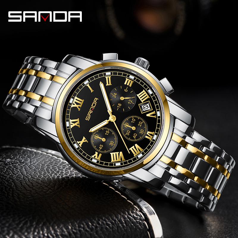 Sanda Men's Waterproof Luminous Quartz Watch - Fashionable Three-Eye Six-Hand Design with Steel Band.
