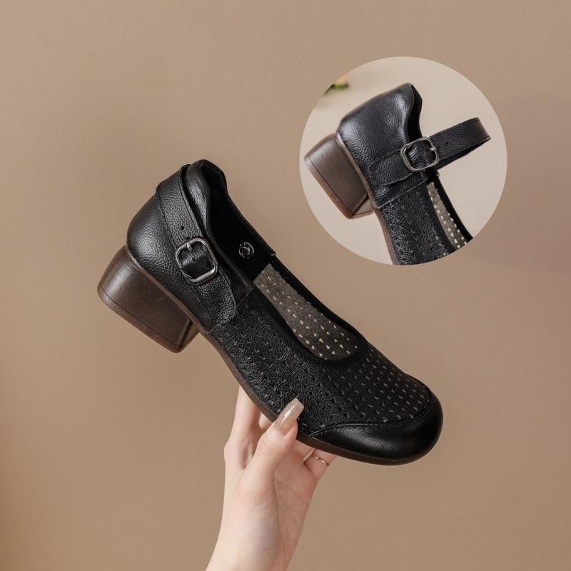 2026 Spring Summer Breathable Genuine Leather Shoes for Women Comfortable Mary Jane Shoes for Daily Wear Plus Size 41