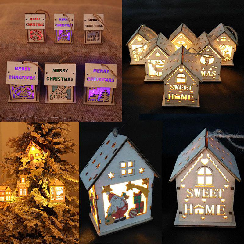 Led Light Wood House Adorable Christmas Tree Hanging Ornaments For Holiday Decor