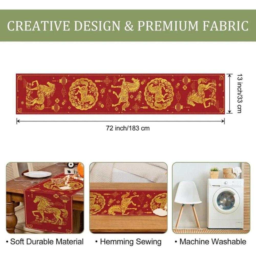 Novo Caminho de Mesa de Ano Novo 2026 13x72 Polegadas Reutilizável Ano do Cavalo Toalha de Mesa Linho Decoração de Casa Decoração de Mesa de Jantar