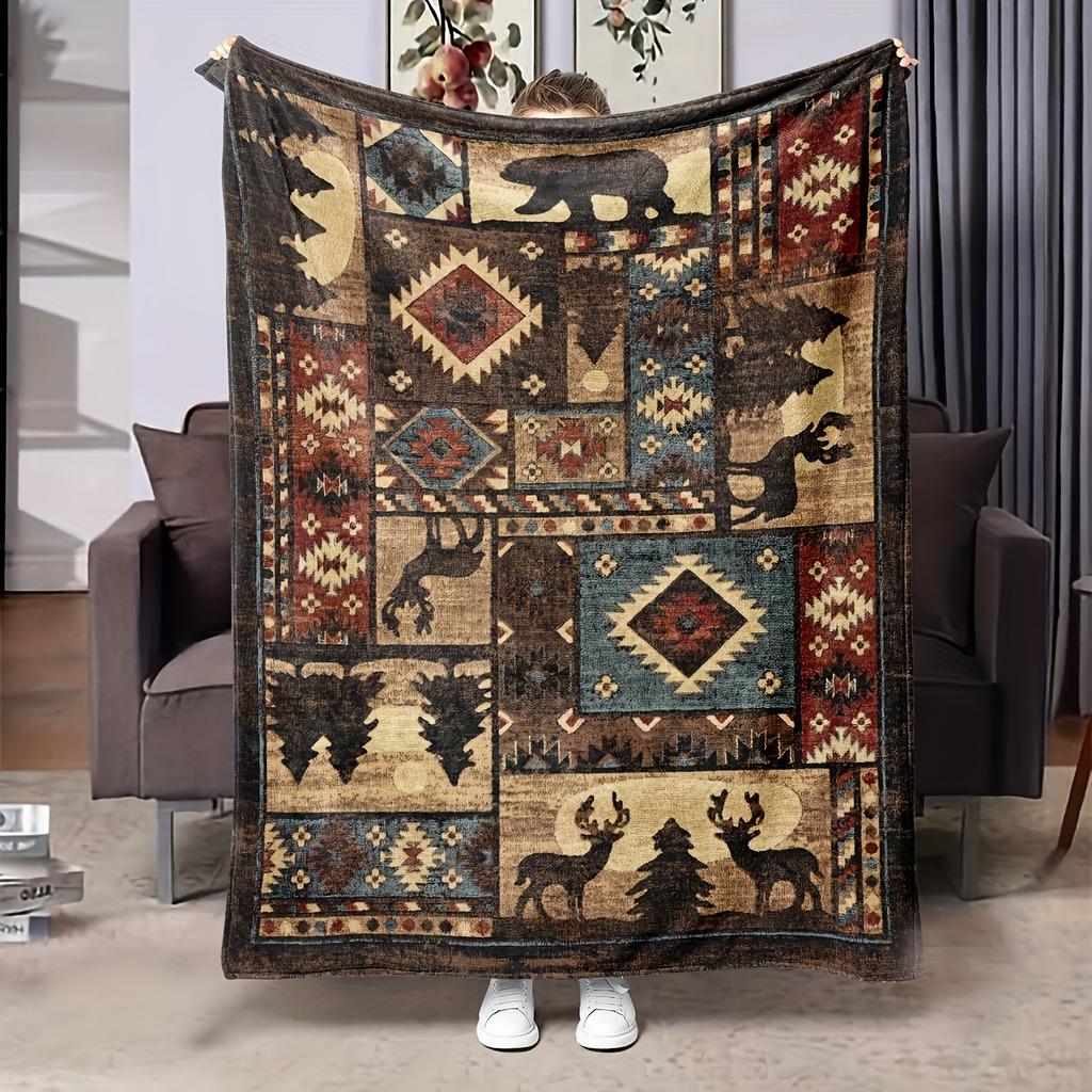 American Retro Blanket Flannel Elk Brown Bear Fury Soft Warm Sofa Blanket Bedroom Decoration Ins Style Home Furnishings