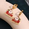 European-American Fashion Cartoon Santa Sleigh Earrings, 18K Gold Plated Stainless Steel, Christmas Drop Oil Design.