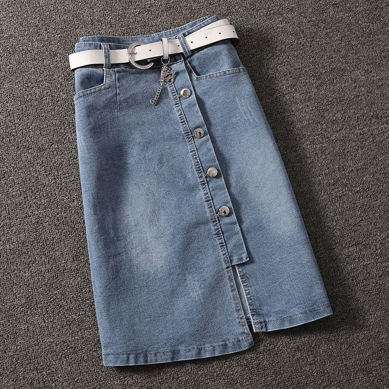 

Юбка джинсовая K-стиля цельная с неровным разрезом для женщин 2025 весна новый приход с высокой талией облегающая бедра миди-длины Blue XL