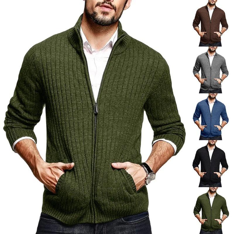 Men's Solid Mock Neck Sweater, Slim Fit Long Sleeve Zip Knit Cardigan, New Autumn Winter European Style Men Casual Knit Outerwear