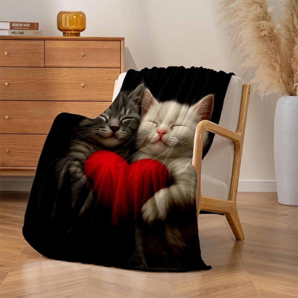 1pc Cozy Grey & White Kitten Plush Fleece Blanket - Grey Tabby & Cat with Heart Print, Soft Quilted-like Bedspread for Couch