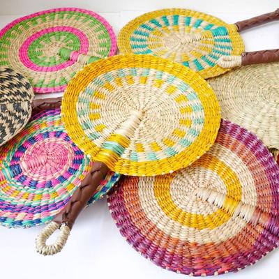 Colorful Striped Patterns Seagrass Woven Fan Bohemian Vintage Cattail Fan Natural Anti-Mosquito Decorative Handheld Fans