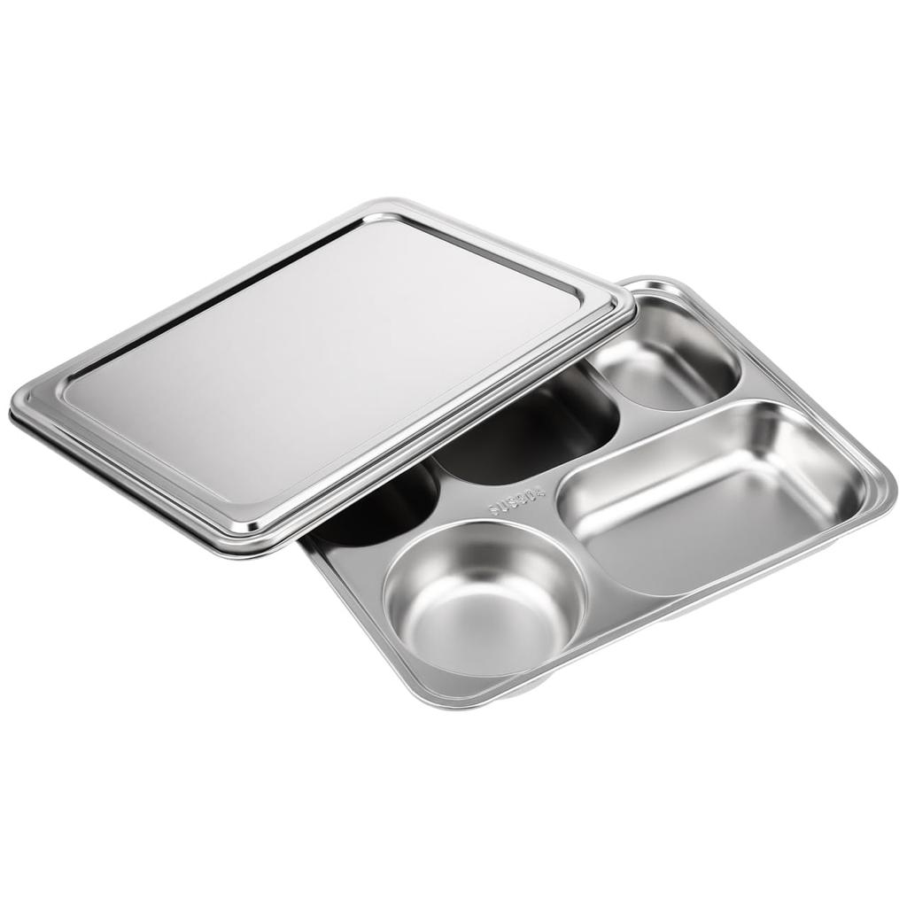 BESTOYARD Stainless Steel Lunch Plate, Divided Plate, Food Tray, Stylish Divided Plate, 5 Compartments (with Lid), Perfect for Camping and BBQ