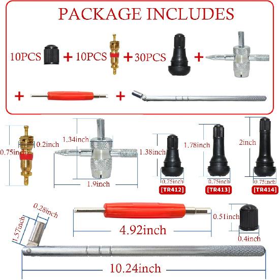 

Valve Stem Puller Installer Tool, 10pcs TR412,10pcs TR413,10Pcs TR414 Snap-in Valve Stems & Caps,10pcs Copper Valve Stem Cores, 4 Way Valve Core