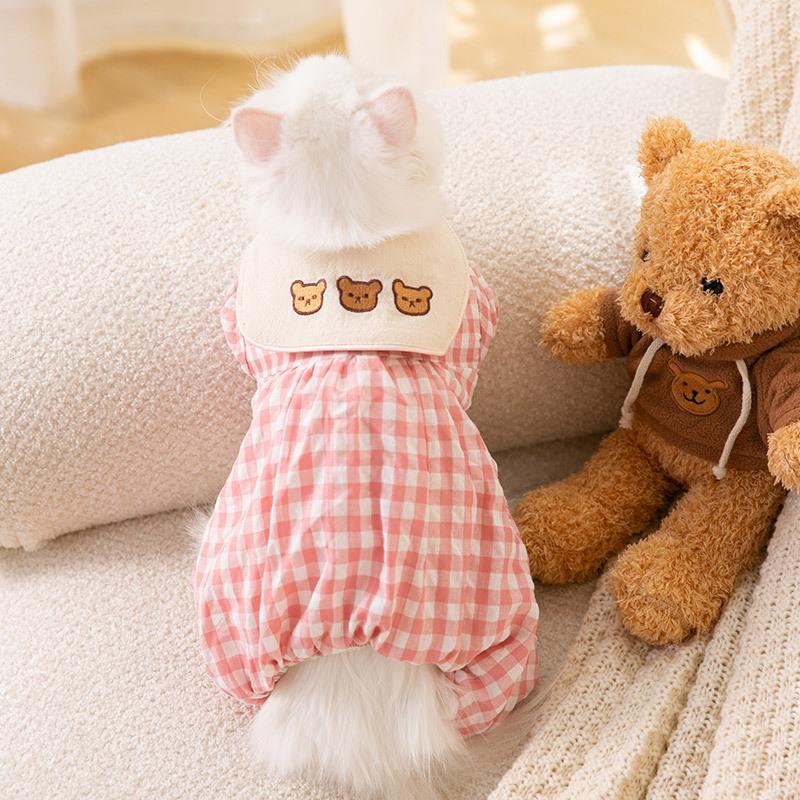 Cute Cat Winter Thickened Quad Bear Lapel Plaid Cotton Coat Small Dog Dog Pet Clothes