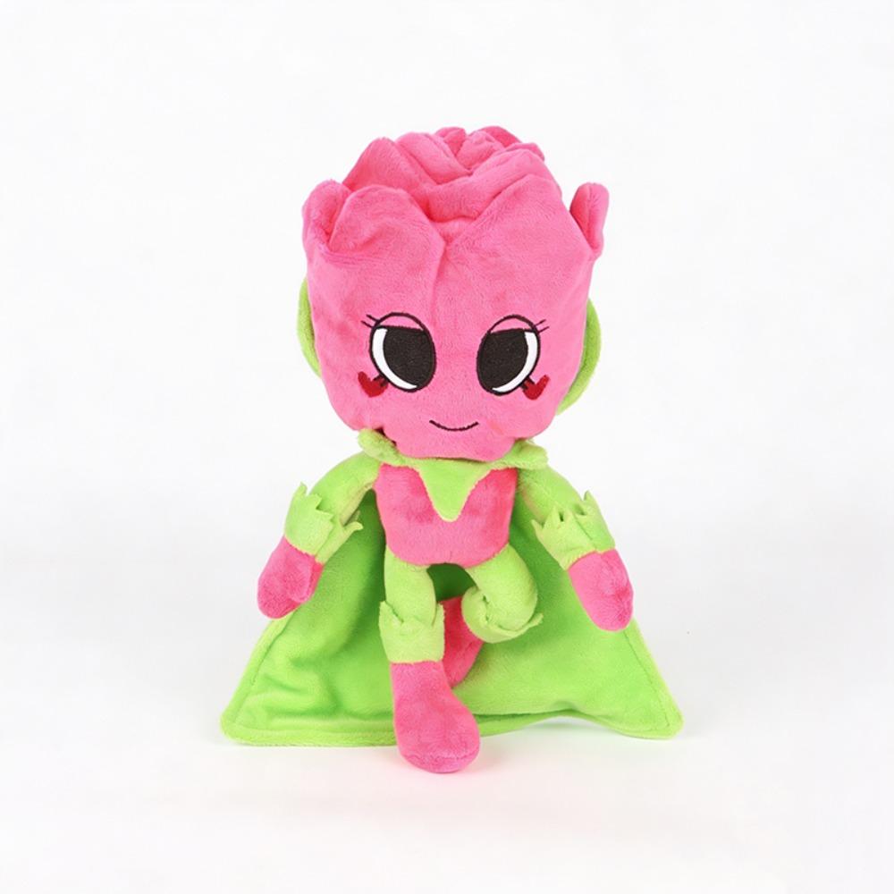 Dandy's World Adorabile Bambola Peluche Supereroe Fiore Rosa con Mantello Verde Morbido Peluche Giocattolo per Regalo Bambini, Decorazione Casa e da Collezione