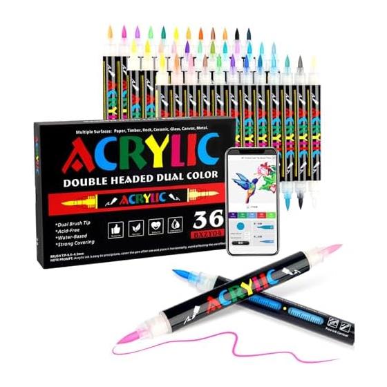 Acrylic marker, 72 colors, 36 pieces, direct liquid type, acrylic pen, brush type, with free app, twin type, illustration marker, color pen, paint