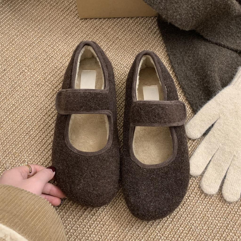 Gray~ very gentle and advanced! Hairy shoes women wear warm autumn and winter flat Mary Jane velvet cotton shoes