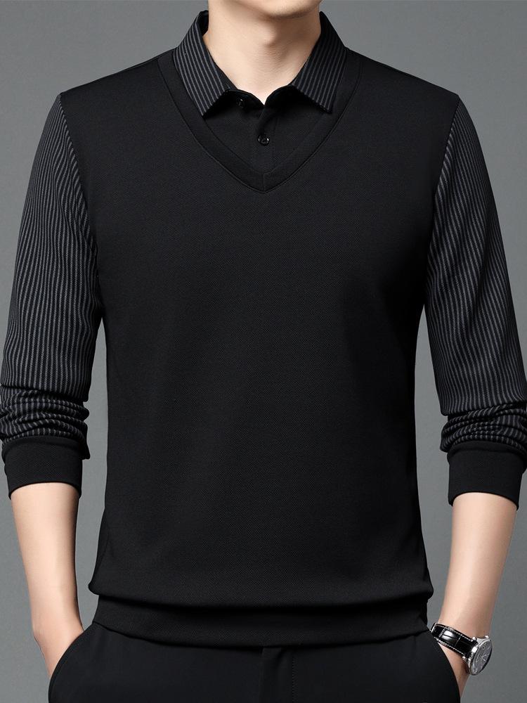 Men's High-End Business Casual Striped Long-Sleeve Polo for Spring & Autumn