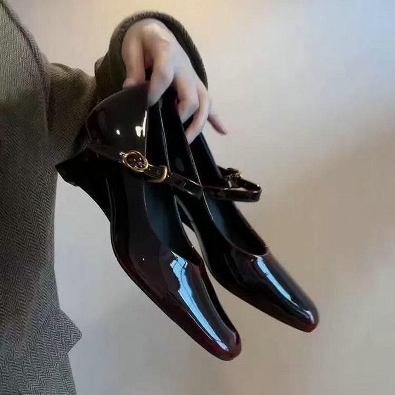 Fashion New Amber Mary Jane High Heels, Women'S One-Button Wedge Heels, Square-Toed Small Leather Shoes, High-Heeled Small Single Shoes