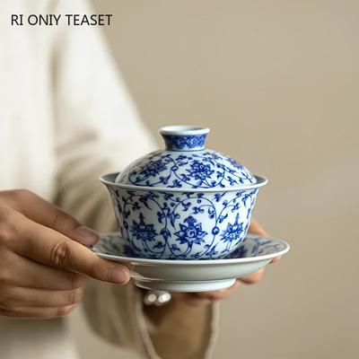 Retro Blau-Weiß Porzellan Gaiwan Teetasse Chinesisch Handgefertigt Blumenmuster Teekanne Tragbar Keramik Teeschale Teegeschirr 160ml