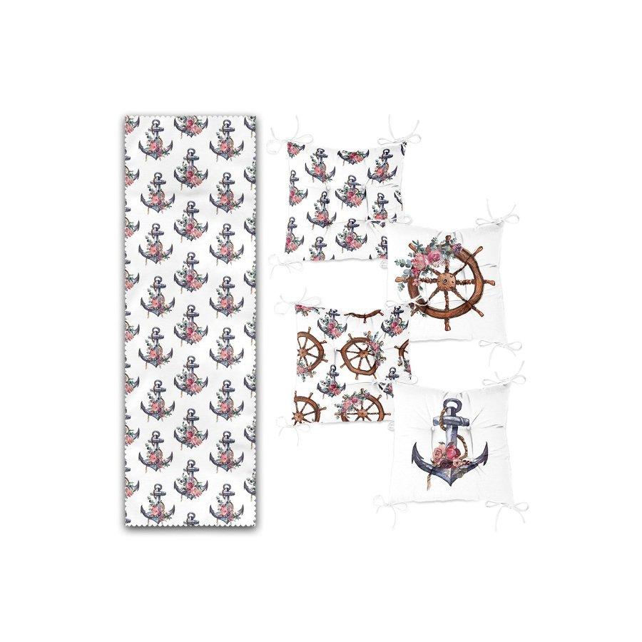 Set de perne pentru scaune cu imprimare digitală Sailor Concept / 4 piese perne pătrate pentru scaune 40×40cm și 1 bucată
