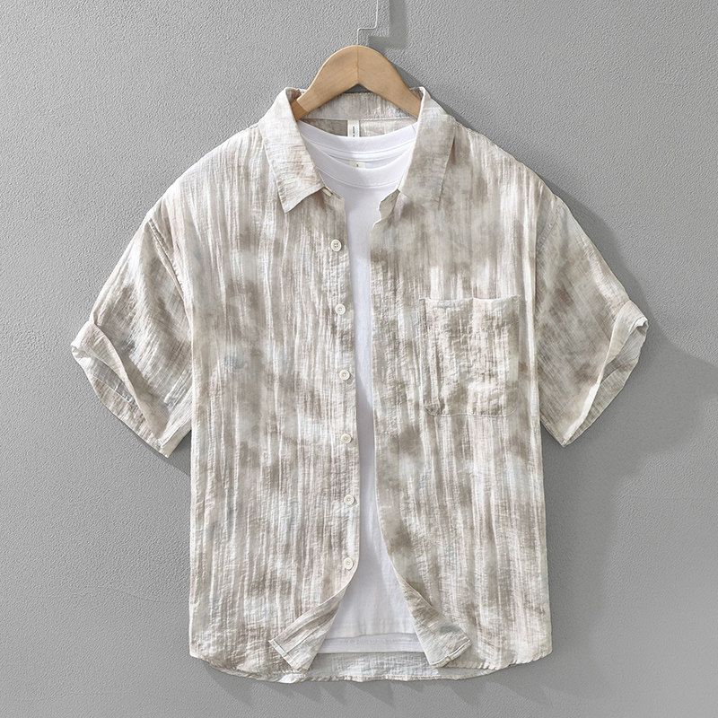 Summer Fresh Ice Silk Linen Short sleeve Shirts Men's Loose Casual Print Beach Cotton and Linen Shirt Quick-Drying Thin