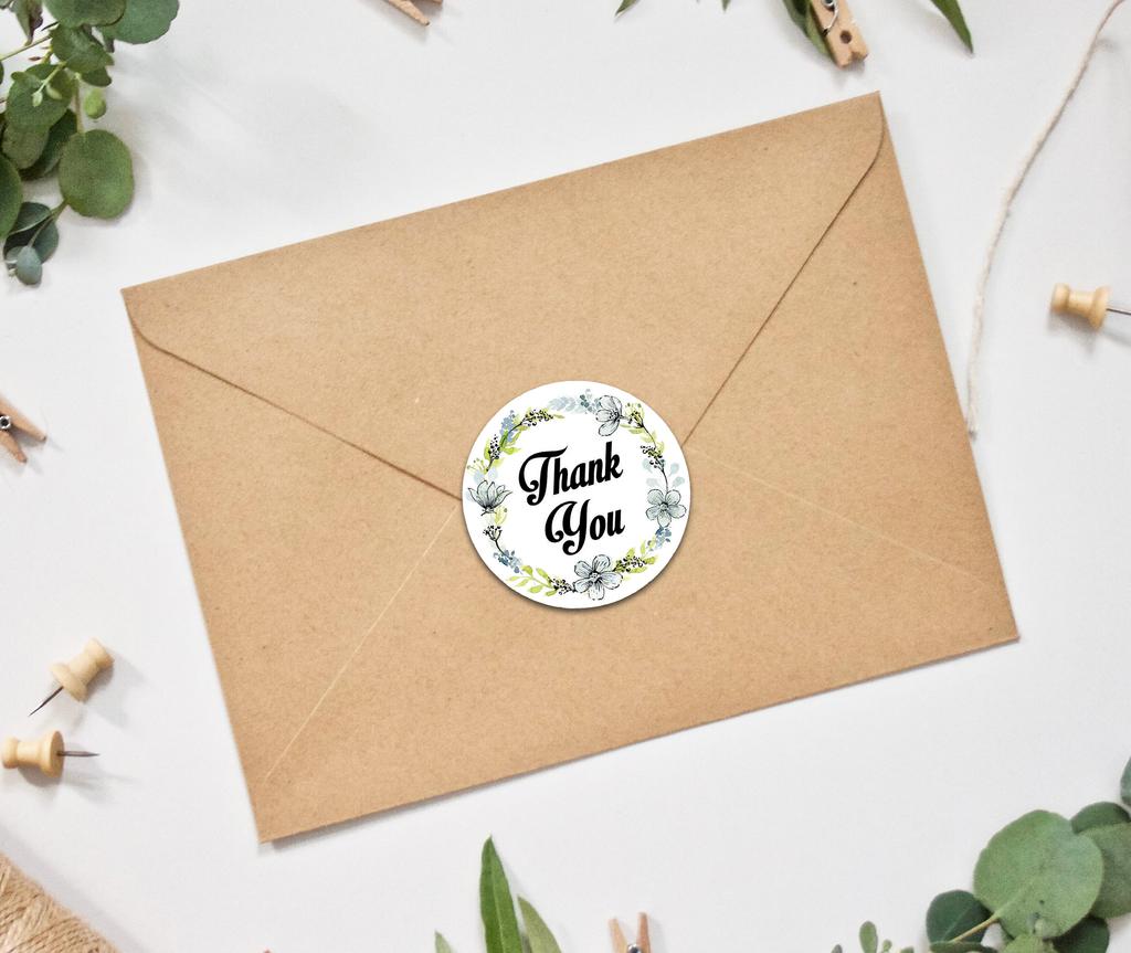 Darling Souvenir 1.6 Inches Round Daffodil Wreath Elegent Personalized Black Thank You Stickers-45