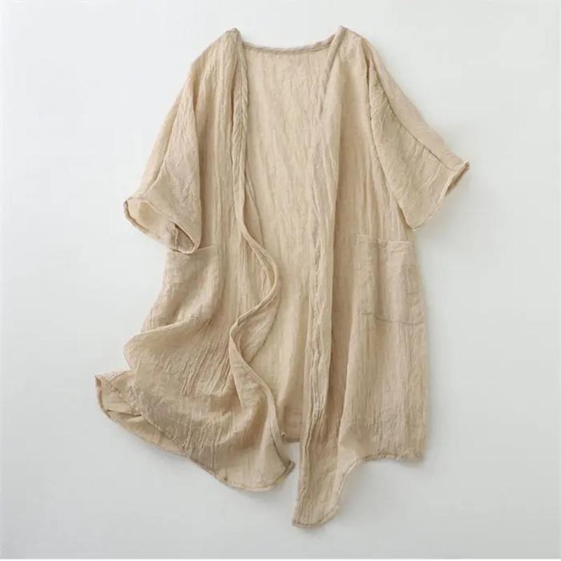 Cotton and Linen Cardigan for Women V-Neck Coat Casual Cardigan Thin Style Ramie Sunscreen Clothing Summer Shirt