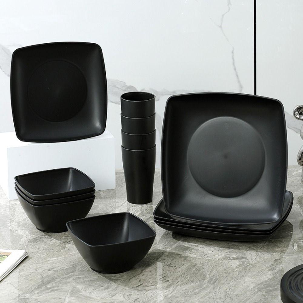 16pcs/Set Reusable Plastic Dinnerware Set Square Dinner Plate Set Tableware Suit  Restaurant