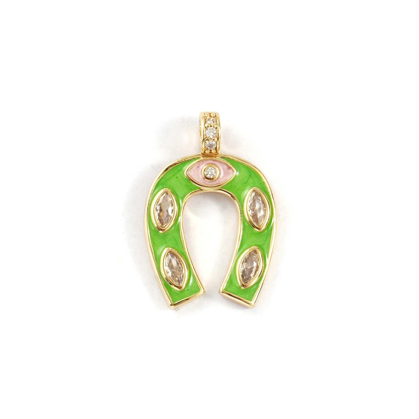 

1 PC Brass West Cowboy Charms Enamel Luck Horseshoe Micro Pave Clear Cubic Zirconia Pendants For DIY Necklace Making 26mm x 18mm зелёный