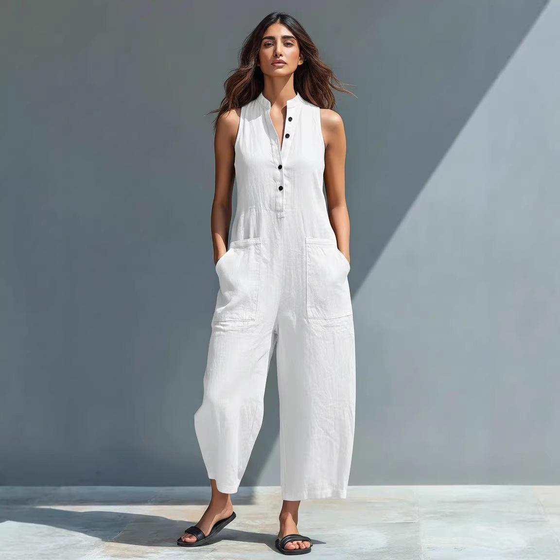 

Spot new women s simple linen blend buckle stand-up collar sleeveless loose jumpsuit 3XL білий