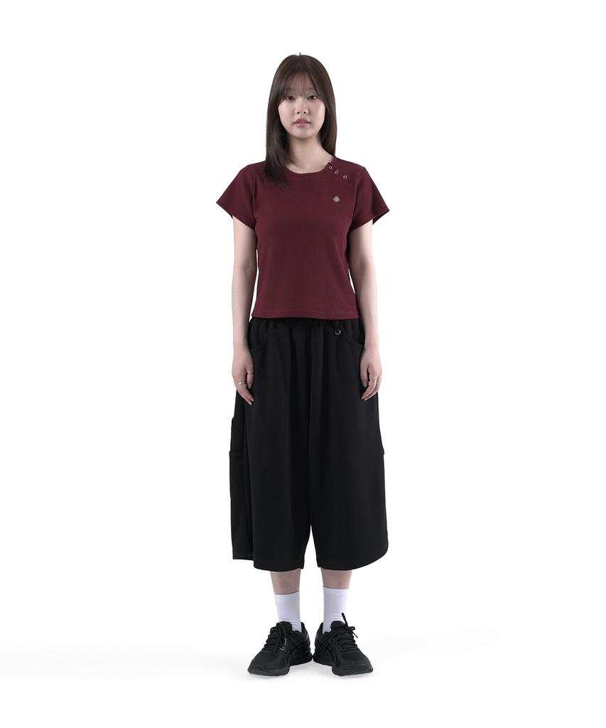 SLOW RECORD HOUSE Henley Neck Eyelet T-Shirt_Burgundy