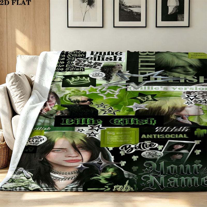 1PC Billie Eilish Custom Name Patterned Flannel Blanket Suitable For All Seasons for Home Decor Warmth and Comfort Gifts Holiday Present