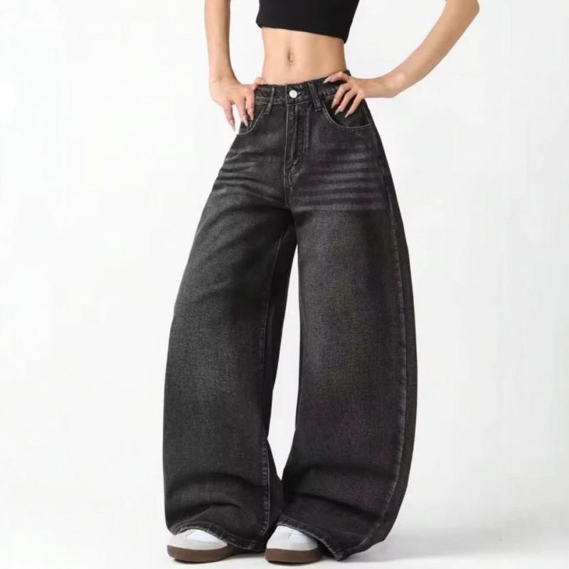 Dżinsy Jeansowe z Wysokim Stanem i Prostymi Nogawkami z Haftowanym Detalem Streetwear Damskie Spodnie Modowe