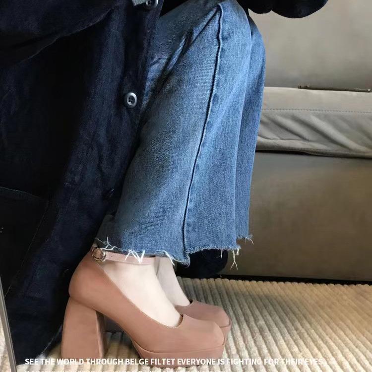 Pantofi cu toc înalt cu cataramă cu un singur cuvânt, pantofi cu toc gros pentru femei, pantofi simpli pentru femei, pantofi de domnișoară de onoare pentru femei, cu vârf pătrat, impermeabili, cu platformă groasă, pantofi Mary Jane