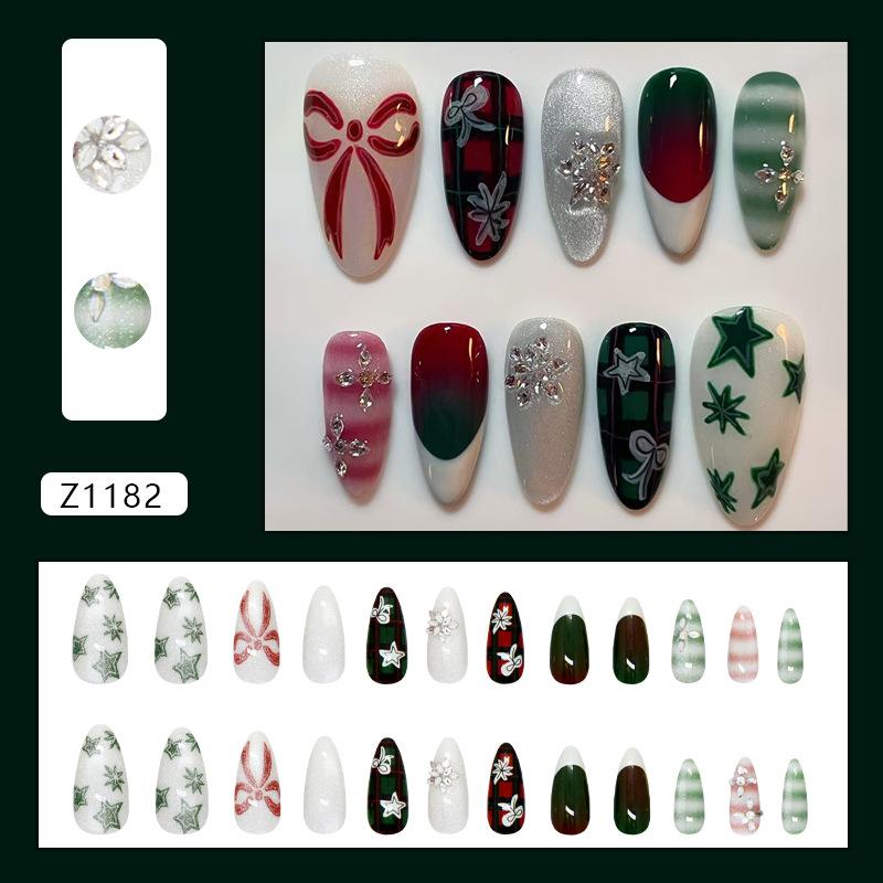 Christmas atmosphere, winter snowflake cat s eye French red and green plaid sparkling diamond detachable wearable armor 24 pieces