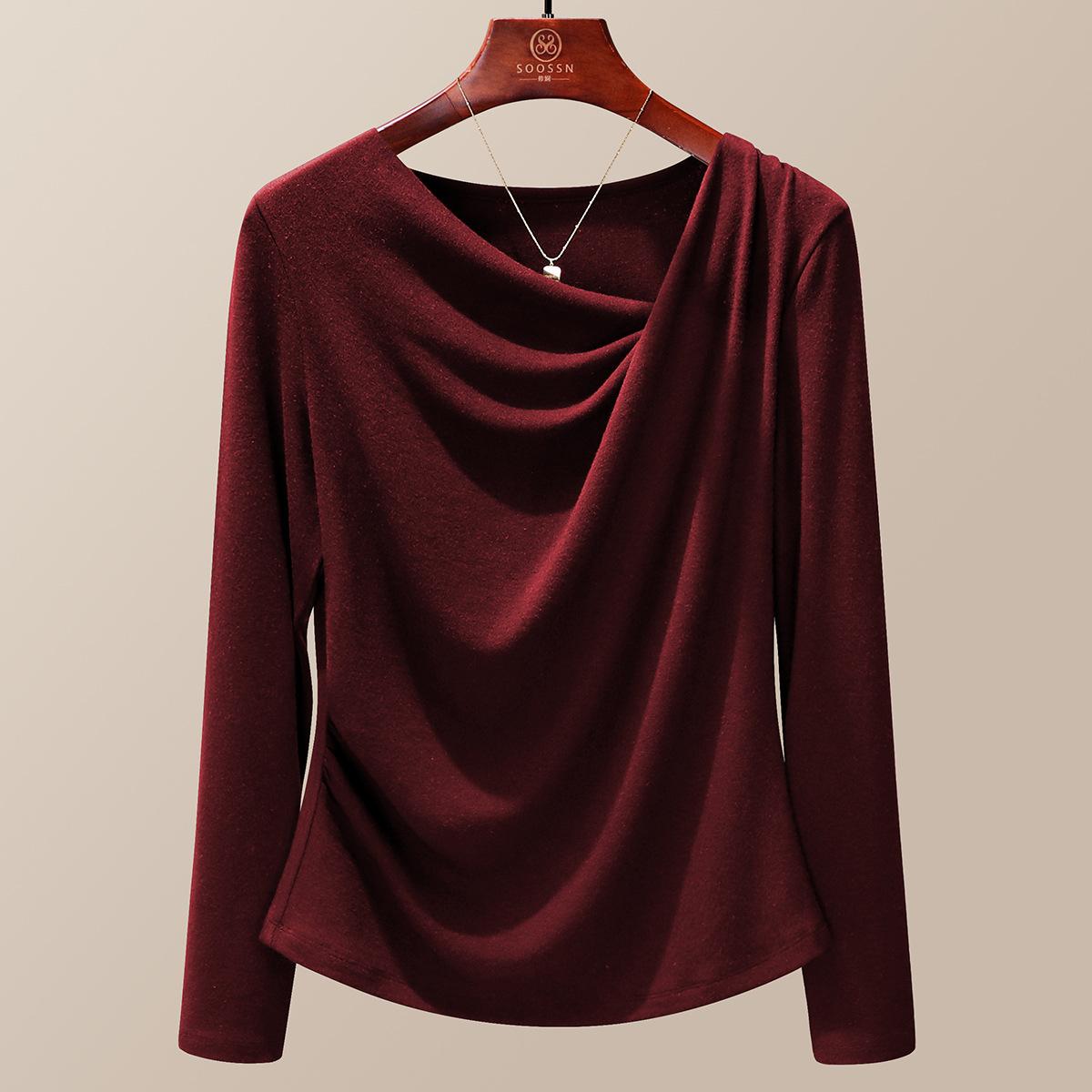 

Темпераментный низ с длинным рукавом женский весенне-осенний новый с косым вырезом плиссированный дизайн универсальный топ M