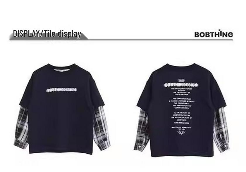 T-shirt a manica lunga a strati in cotone pesante a quadri unisex - Stile casual coreano e americano