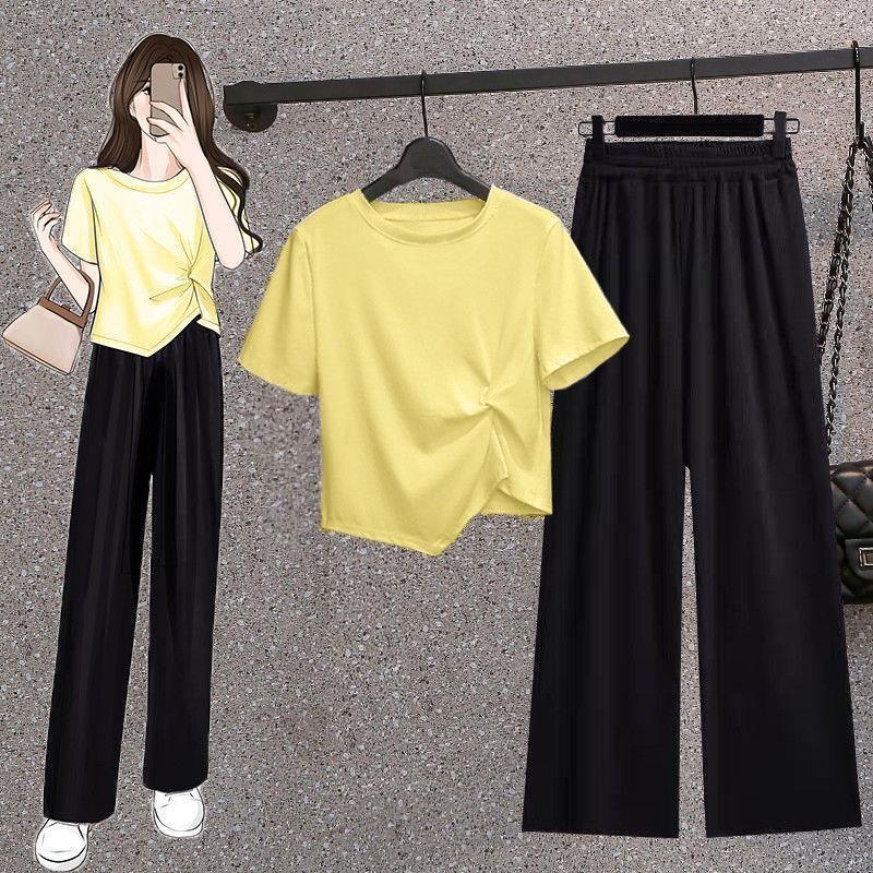 Korean Irregular Short Shirt Women's Top Vertical Black Wide Leg Pants Two-piece Fashion Casual Suit