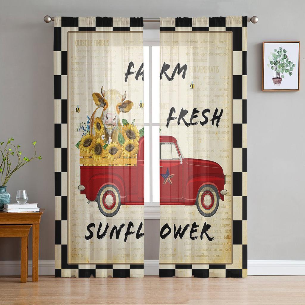 American Country Style Sunflower Cow Sheer Curtains for Living Room Modern Voile Curtain Bedroom Tulle Curtains Window Drapes
