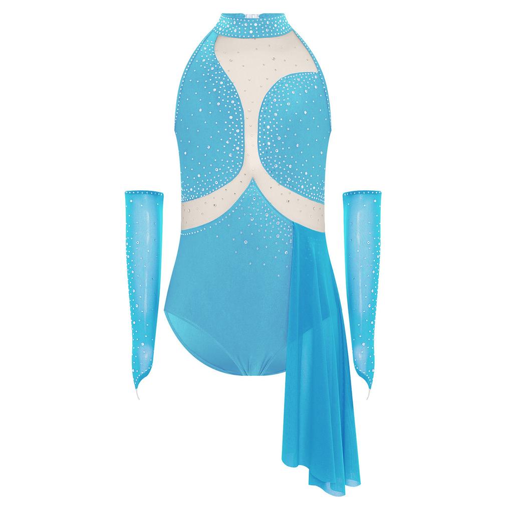 Mädchen Eiskunstlauf Performance Kleid Cutout Rücken Glänzende Strasssteine Transparente Netz-Patchwork Asymmetrischer Rock-Leotard Handschuhe