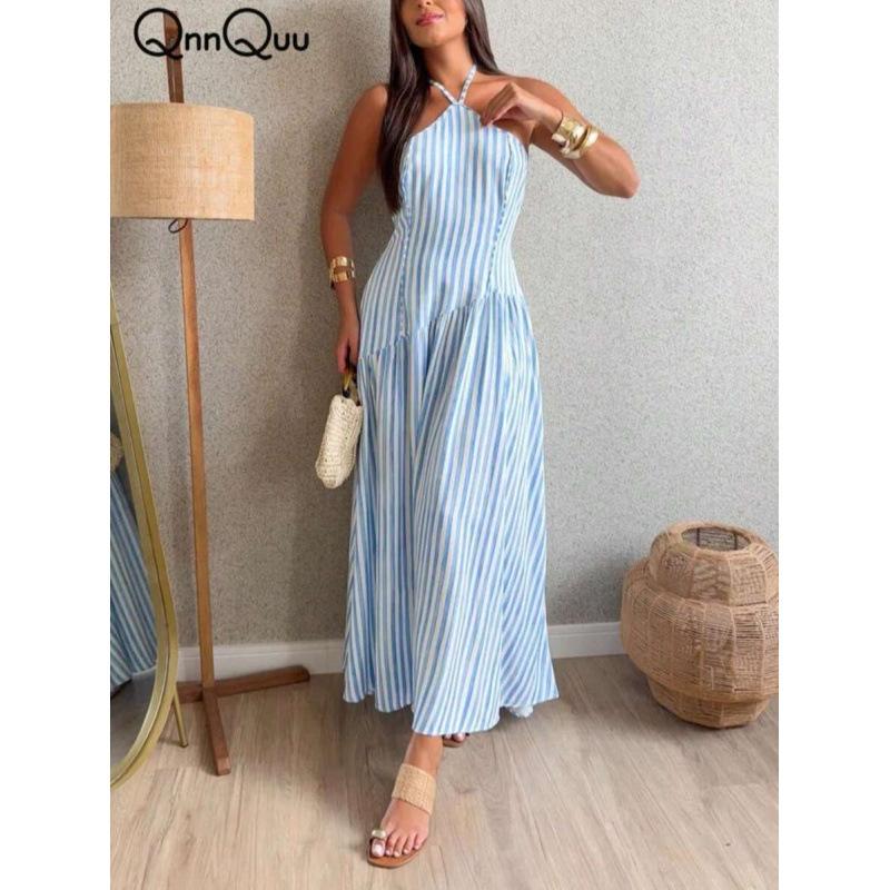European summer elegant blue and white striped woven fabric suspender backless sleeveless A-word dress S